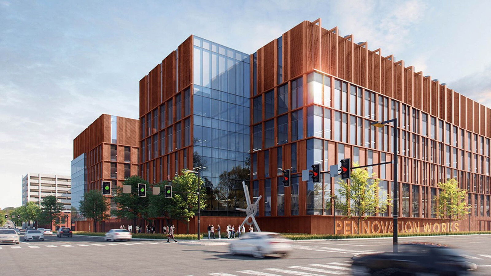 A view of the new research, development, and biomanufacturing facility from the intersection of Grays Ferry Avenue and 34th Street on the Pennovation Works property.